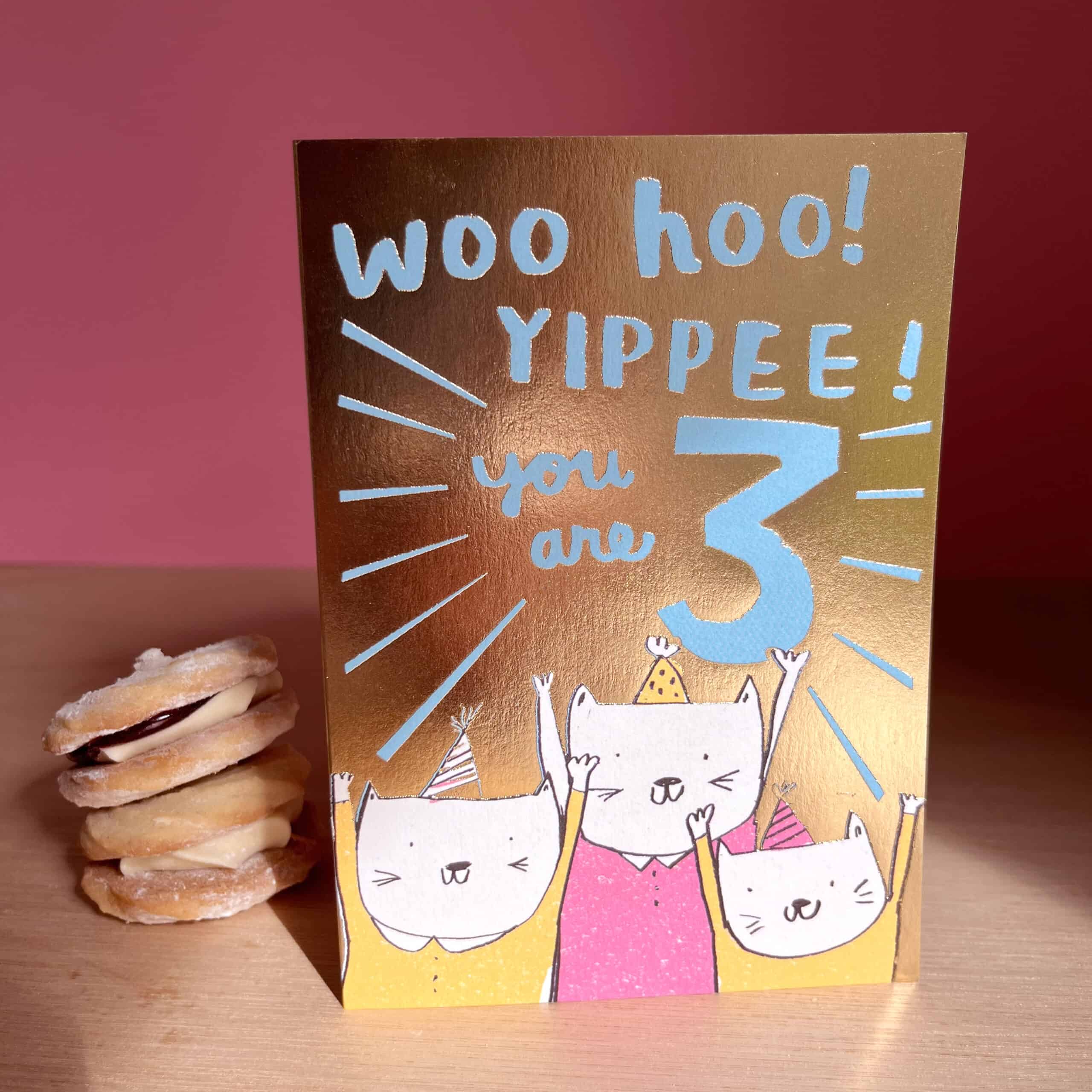 Three Today! Birthday Card With Gold Foil